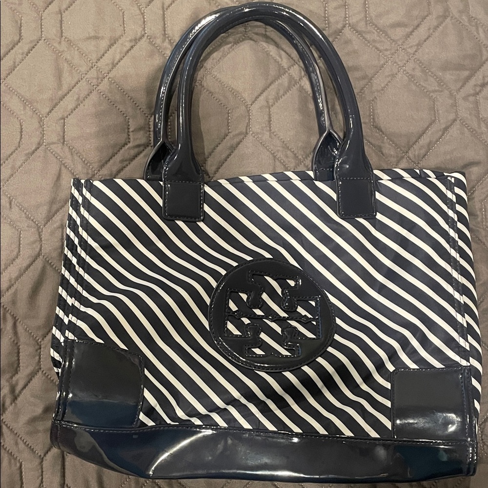 Tory Burch mini Ella Stylish nabyand White Striped Tote Bag NAVY NOT BLACK